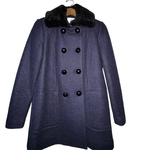 Zara navy blue double breasted peacoat detachable faux fur collar medium - Picture 1 of 9